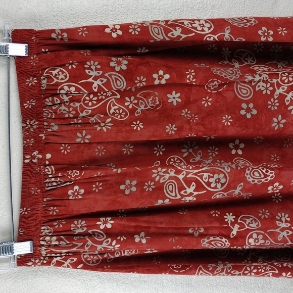 Red's Thread Vintage Rust Tan Floral Elastic Waist Embroidered Hem Midi Skirt - Picture 10 of 16